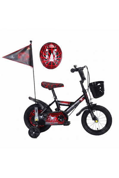 LUDIRO Bicicletă Copii 16 Inch Spider Net - Negru/Roșu, cu Cască și Steag, 4-...