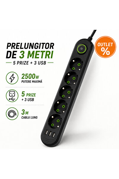 ANY SHOP MARKET Prelungitor Electric 5 Prize si 3 Porturi USB, 2500W, Cablu 3...