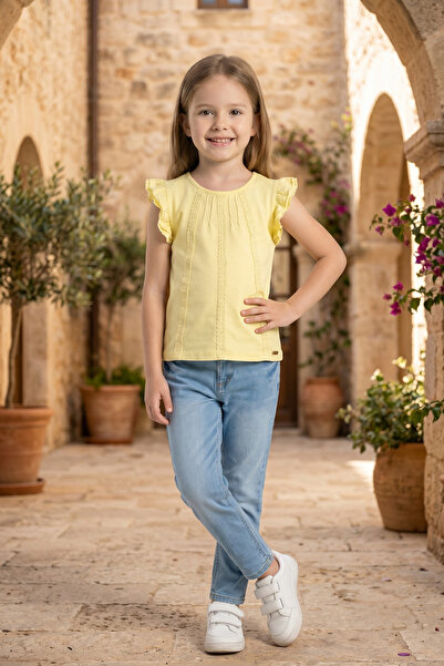 Mutlu Kids تي شيرت بناتي بأكمام قصيرة مزين بالدانتيل والكشكشة