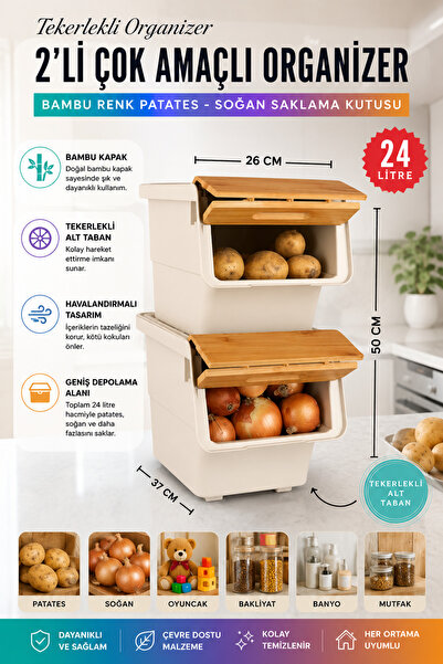 nextbuy 24 LT Bambu Renk Organizer Çok Amaçlı Kutu Tekerlekli Patates Sebze S...
