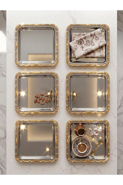 SEVA ÇELİK Paslanmaz Çelik Gold Barok Desenli Kare Kahve Sunum Tepsisi 6'lı Set