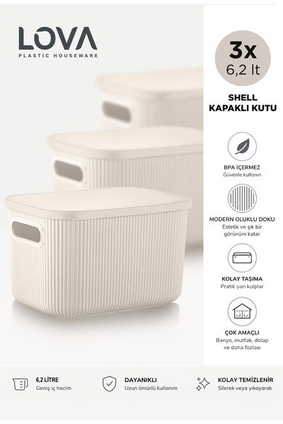 Lova 6 lt Shell Kapaklı Saklama Kutusu (3 adet) (Krem)
