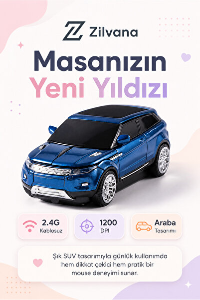 Zilvana Mavi Land Rover Tasarımlı Kablosuz Araba Mouse - 2.4G Optik SUV Model