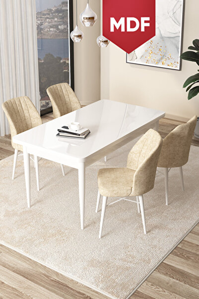 Canisa Arp Serisi 70x110 MDF Sabit Mutfak Masası Takımı Beyaz Masa 4 Krem San...
