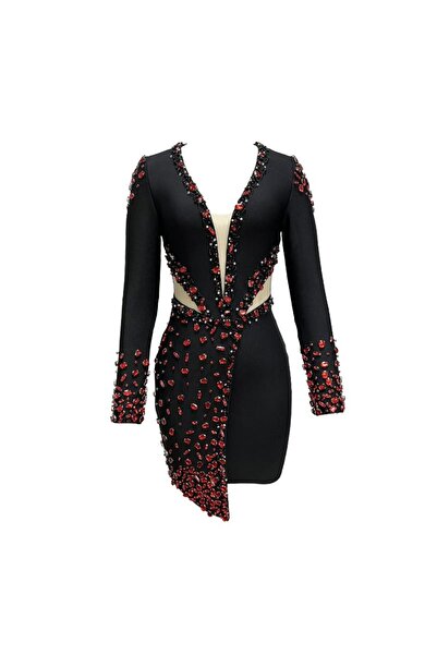 NO BRAND Rochie bandage mini cu pietricele - Negru, mărime L