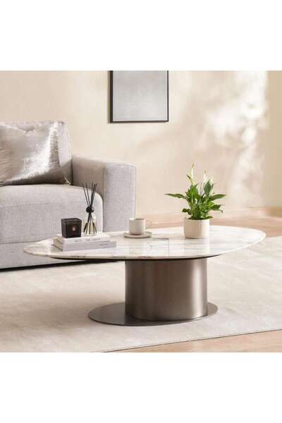 PAN HOME طاولة قهوة رخامية كبيرة من إيلي - أبيض ذهبي