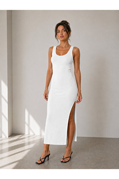 buğlem collection Kadın Premium Kaşkorse U Yaka Yırtmaçlı Bodycon Elbise İç G...
