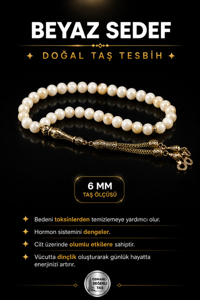 OSMANLI DEĞERLİ TAŞ Sertifikalı Beyaz Sedef Doğal Taş Tesbih 6 Mm, T188