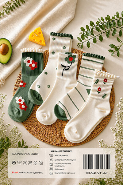Hitit Socks Kadın 5 Çift Premium Kabartma Desenli Çiçek ve Çizgi Desenli Uzun...