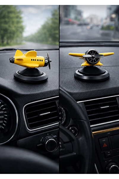 Er Auto Güneş Enerjili Dönen Pervaneli Mini Uçak Modeli Sarı Torpido Üstü Dek...