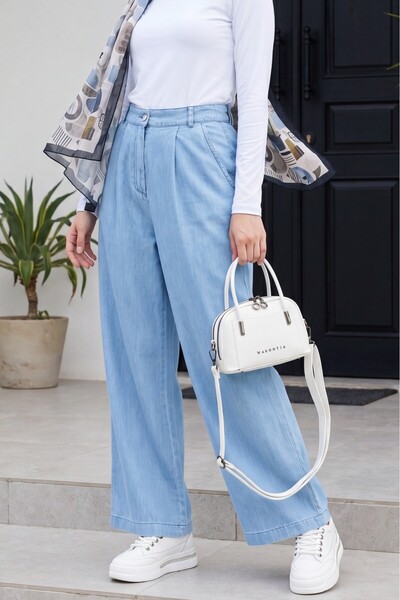 Modamorfo Half Elasticated Double Pocket Wide Leg Jeans - Light Blue