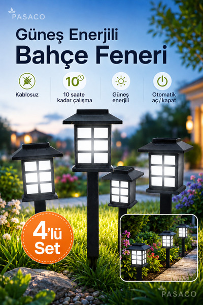 PASACO 4’lü Set Güneş Enerjili Bahçe Feneri Solar Kablosuz Otomatik Yanan Çim...