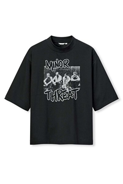 buzagi tasarım ürünleri Minor Threat Digital Print Oversize Black Unisex T-Shirt