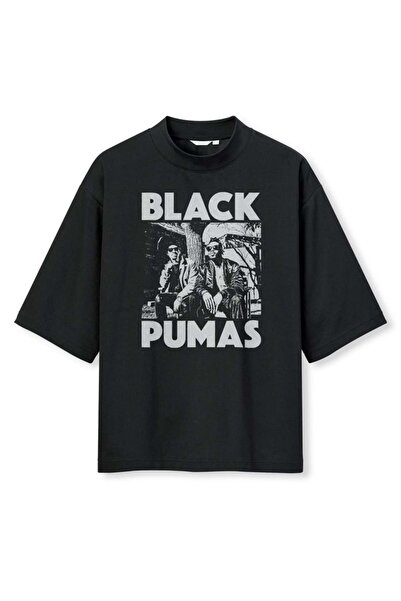 buzagi tasarım ürünleri Black Pumas Digital Print Oversize Black Unisex T-Shirt