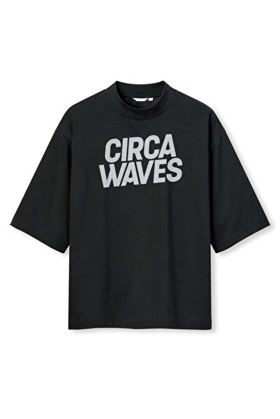 buzagi tasarım ürünleri Circa Waves Digital Print Oversize Black Unisex T-Shirt