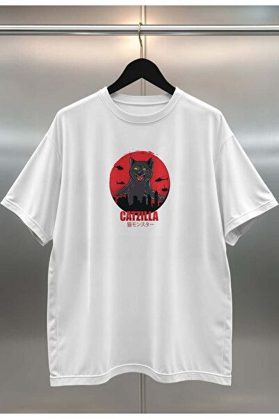 buzagi Catzilla Cute Cat Oversize Digital Printed White T-Shirt