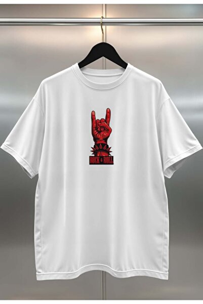 buzagi tasarım ürünleri Rock Digital Print Oversize White Unisex T-Shirt