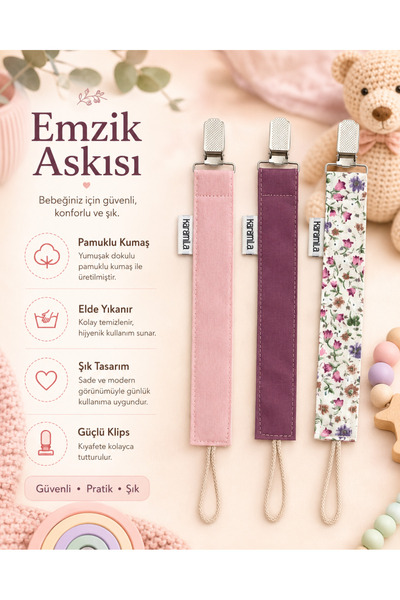 KARAMİLA 3’lü Set Emzik Askısı - Emzik Zinciri - Emzik Tutacağı - Mor - Pembe...