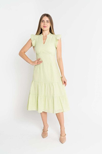 mica Layered Striped Midi Dress with Ruffled Sleeves