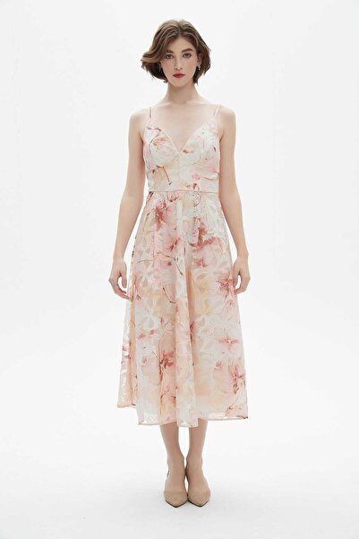 Nichii Women's Midi Dress with Floral Straps and V-Neck