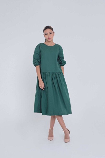 mica Women's Loose Plain Midi Dress with Short Puff Sleeves