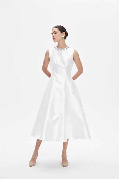 Nichii Women's Plain Midi Dress with Flare and Rhinestone Details