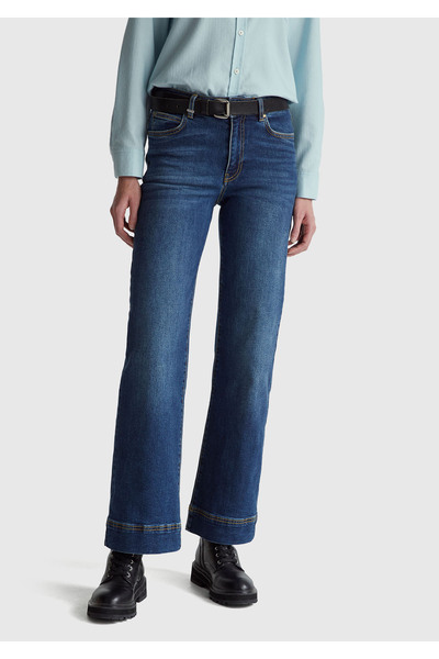 United Colors of Benetton Women's Dark Blue Cotton Blend Wide Denim Trousers ...