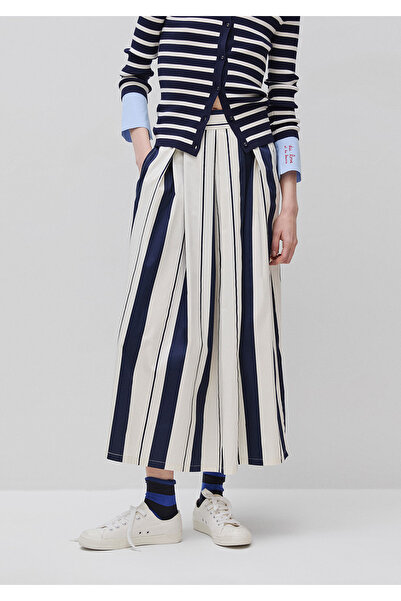 United Colors of Benetton Women's Navy Blue Cotton Blend Striped Pleated Skirt