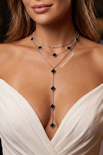 DENİZDENAL Y Kolye Çoklu Tarz 3lü Kolye Black Silver