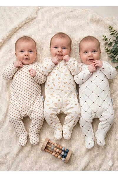 DEFNE LİNA BABY Kız Bebek 3'lü %100 Pamuklu Desenli Yenidoğan Tulum Seti | Çı...