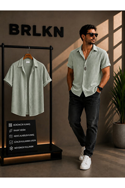 BRLKN Boyfriend Fit Gofre Kumaş Alaçatı Stili Unisex Bürümcük KISA KOL GÖMLEK