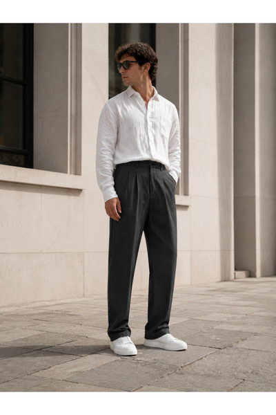 Gambocci Men's Baggy Wide Casual Pleated Elastic Waist Fabric Pants
