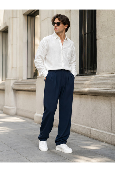 Gambocci Men's Baggy Wide Casual Pleated Elastic Waist Fabric Pants