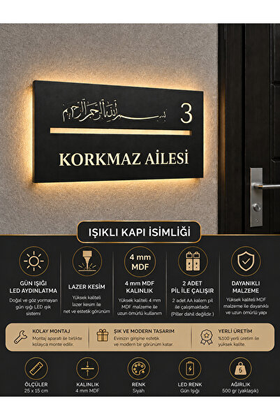 metora SİYAH renk 3 kademe LED'li BESMELE Kapı İsimliği –4 MM MDF Kişiye Özel