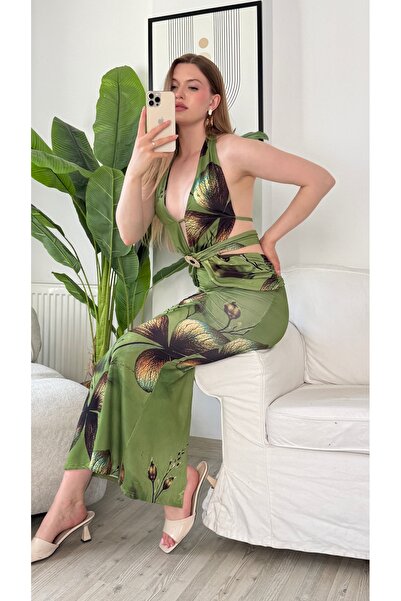 S&A Collectionn Women's Halter Neck Open Back Stony Buckle Floral Maxi Green ...