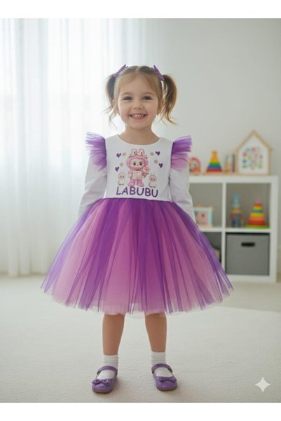 Buse&Eylül Bebe Purple Tulle Long Sleeve Labubu Girls' Birthday Party Dress