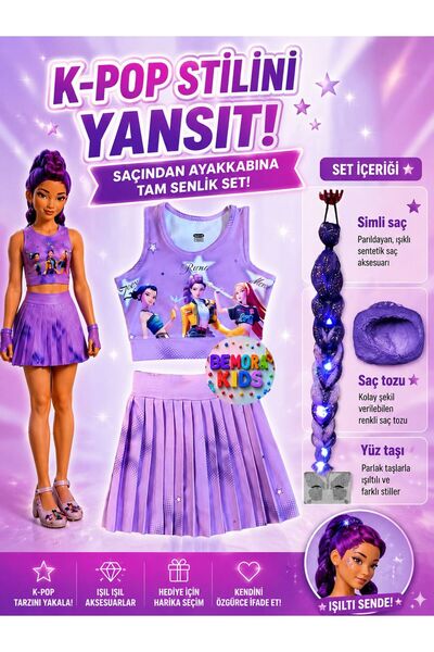 bemora kids kpop huntrix mor etek bluz alt üst 2 li takım şort etek + kpop hu...