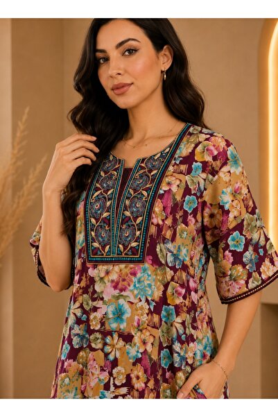 amaan Women Floral Jalabiya Dress, Modern Arabic style design with Embroidere...