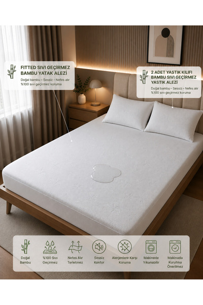 Nilyso Home Sıvı Geçirmez Fitted Bambu Alez + 2 Adet Sıvı Geçirmez Bambu Yast...