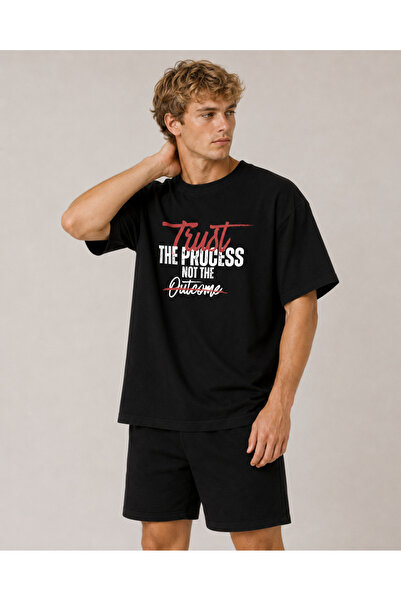 Unisex Trust The Process Baskılı Üç İplik Oversize T-shirt