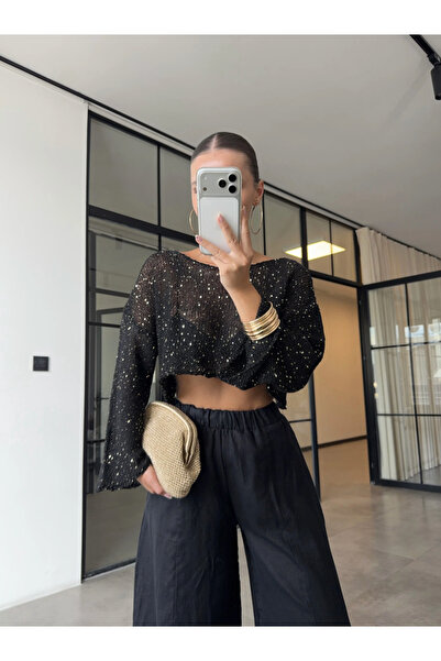 MareandCo Uzun Kollu Pullu Merserize Kayık Yaka Crop Bluz