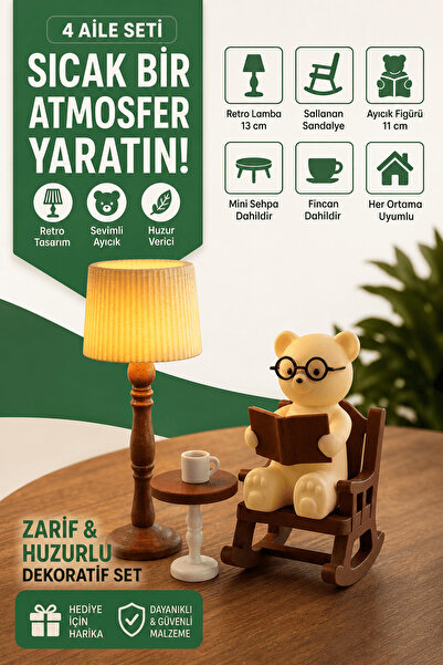 4 Family Kitap Okuyan Ayıcık Biblo Lamba Seti - Retro Tasarım Dekoratif Gece ...