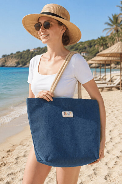 Sofist İstanbul Natural Indigo Blue Jute Beach Bag Doğal Örgü Halat Saplı Ast...