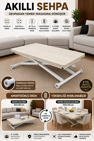 SEHPAM AKILLI Akıllı Sehpa Home Üst Tabla Mdf Traverten Oval Güvenli Köşe Alt...
