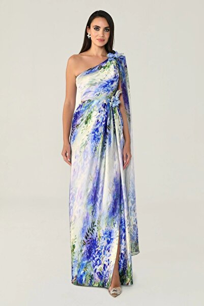 ALFABETA Alpha Beta One Shoulder Chiffon with Shawl Print Satin Long Evening ...