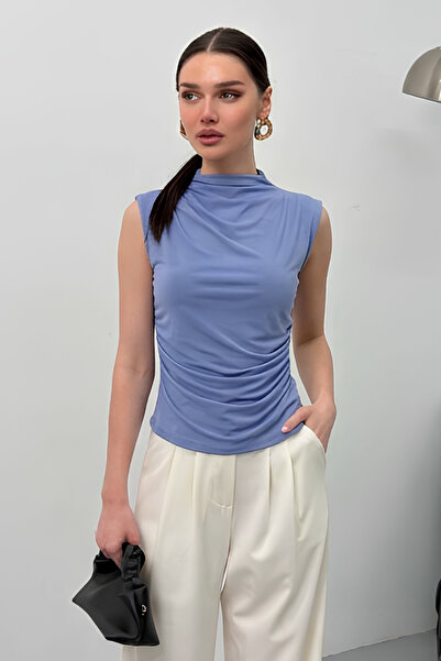 AKD Atelier Γυναικεία μπλούζα αμάνικη με κοντό όρθιο γιακά, υφασμάτινο μπλουζ...