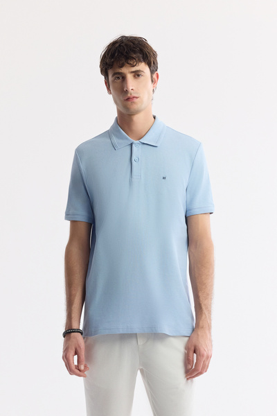 Avva Men's Light Blue Non-Curling Polo Neck 100% Cotton Basic Regular Fit T-S...