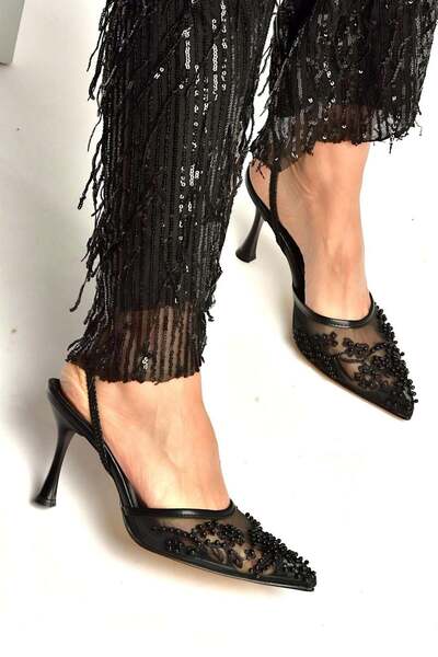 Fox Shoes Y726462415 Черни дамски обувки с тънки токчета, изработени от мрежа...