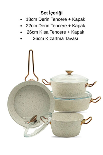 Bonera Milena 7 Parça Kar Beyazı Granit - Rose Gold Kulp Detaylı Tencere & Tava Seti