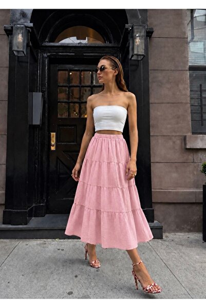 Bisou Pembe Beli Lastikli Volan Detaylı Astarlı Yazlık Maxi Etek